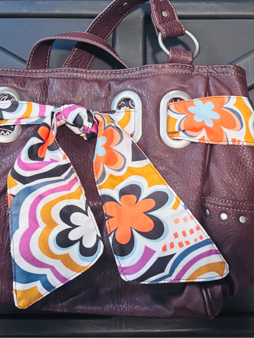American West Plum Leather Shoulder Bag with Multicolor Floral Scarf